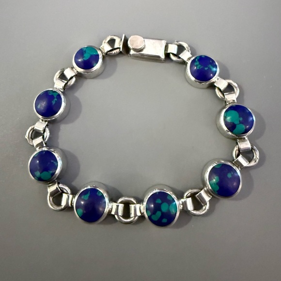 Taxco Mexico Bracelet Azurite Lapis Sterling Silver Signed - Picture 2 of 9